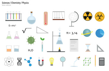 Set of vector drawings of science, chemistry and physics fields.