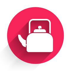White Kettle with handle icon isolated with long shadow. Teapot icon. Red circle button. Vector