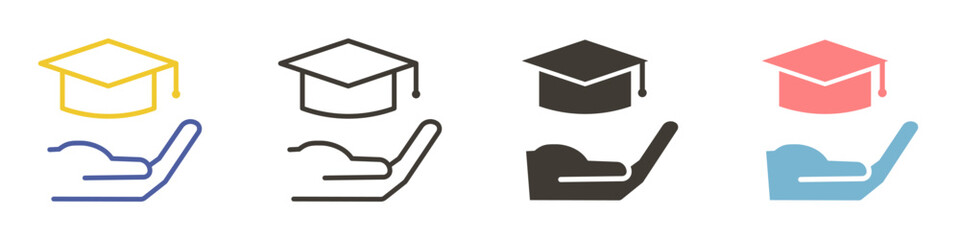 Vector icon in 4 different styles. Hand holding a college cap