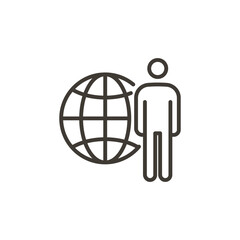 Person with a web globe thin line icon. For concepts of global businesss, outsourcing, online hiring etc