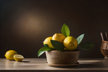 Fresh yellow lemon with basket