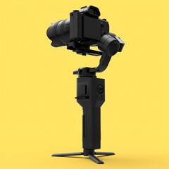 3-axis gimbal stabilization system with nonexistent mirrorless camera on yellow © boule1301