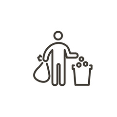 Person holding a sack of trash and throwing rubbish in dustbin. Vector thin line icon for community cleanup