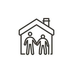 Retirement home. Vector thin line icon of a house with a senior citizen and a person helping