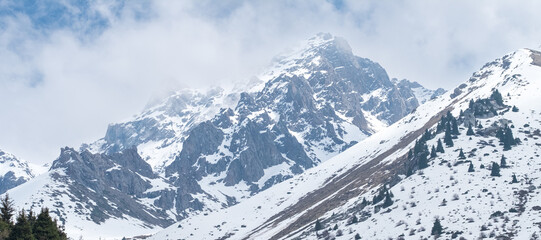 Snow covered mountains near Shymbulak, Almaty Region, Kazakhstan.