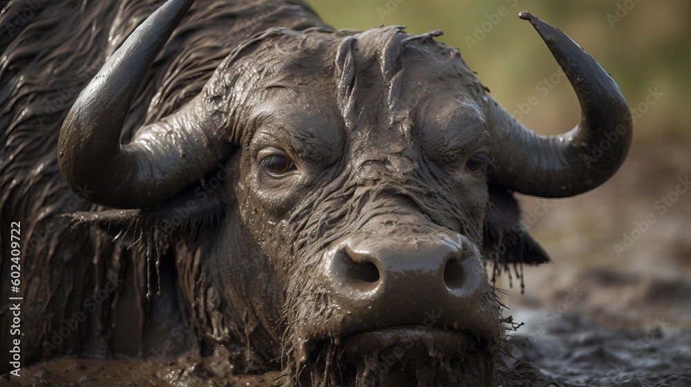 Wall mural A buffalo bull, Syncerus caffer, close up of an animal head and horns covered in mud Generative AI