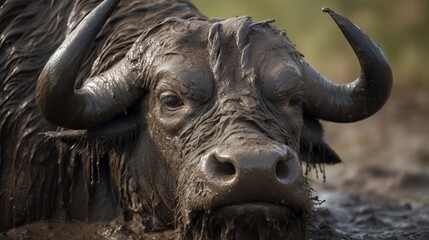 A buffalo bull, Syncerus caffer, close up of an animal head and horns covered in mud Generative AI