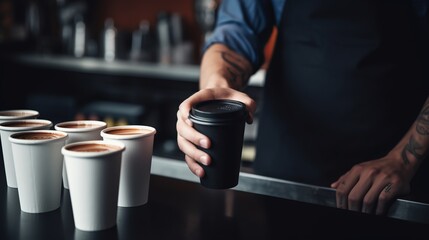 Fototapeta na wymiar Barista serving coffee in takeaway cup in coffee shop Generative AI
