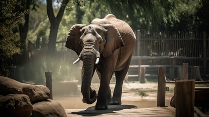 Elephant walking out from waterhole in zoo Generative AI - obrazy, fototapety, plakaty