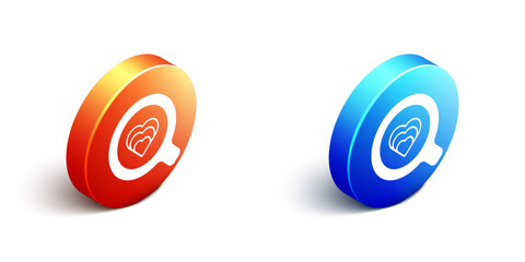 Obraz premium Isometric Coffee cup icon isolated on white background. Tea cup. Hot drink coffee. Orange and blue circle button. Vector