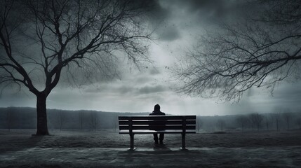 A park bench on a cloudy day, with the silhouette of a person sitting alone. Sadness, loneliness, thoughtful concept. Generative AI.