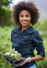 Black woman with flower, smile while gardening and botany, young gardener in portrait with growth outdoor. Happy female person with green fingers, growth and plants in nature with landscaping - obrazy, fototapety, plakaty