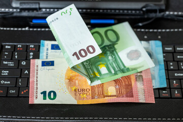 e-commerce business, EU countries shopping and trading, Online market concept, analysis and value, Euro money on tablet keyboard