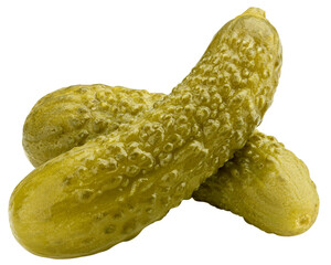 marinated pickled cucumbers isolated on white background, full depth of field