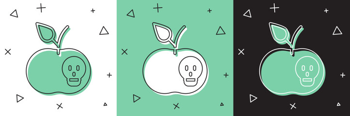 Set Poison apple icon isolated on white and green, black background. Poisoned witch apple. Vector