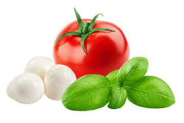 tomato, basil, mozzarella, isolated on white background, full depth of field