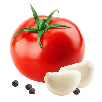 tomato, garlic, black peppercorn isolated on white background, full depth of field