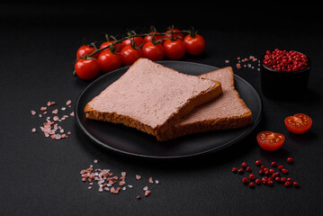 Delicious crispy toast with chicken or goose pate with salt and spices
