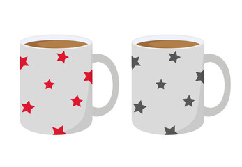 White paired mugs. Coffee mugs. Ceramic mugs with stars. Isolated on white background.	