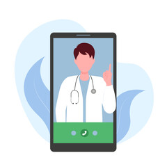 A young doctor explaining or giving advice to a patient online. Concept - doctor, healthcare. Vector illustration in flat cartoon style.