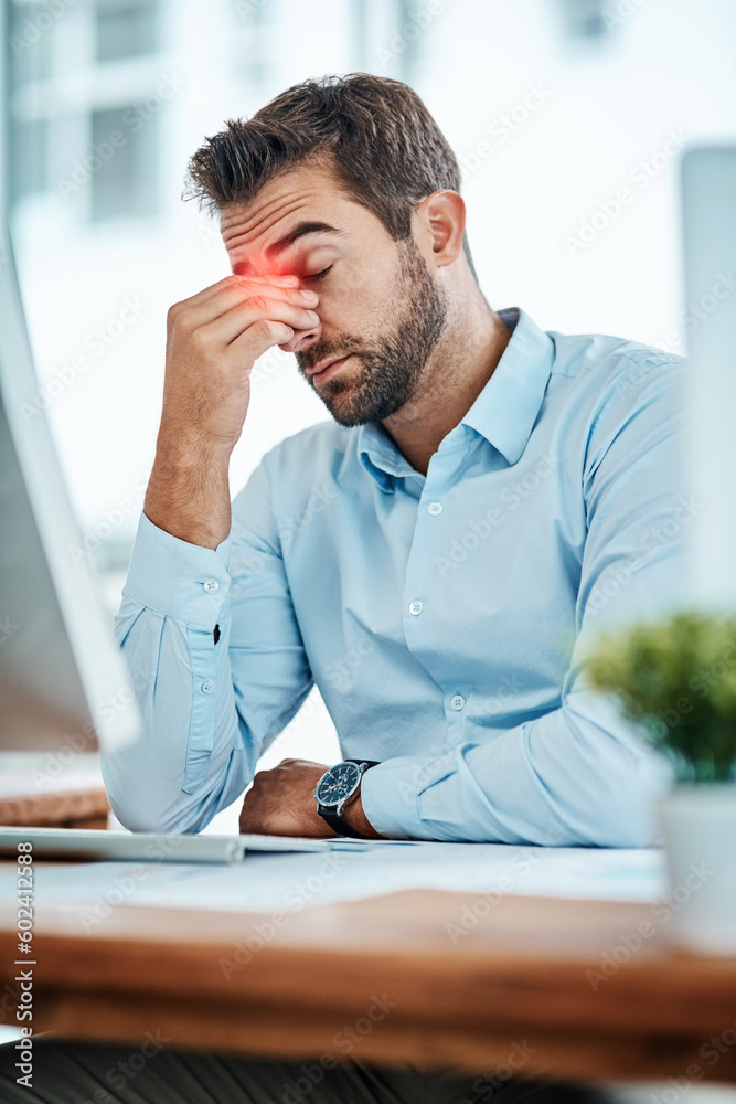 Sticker Business man, headache and stress, pain or fatigue in office while working on pc. Burnout, migraine and male person with depression, vertigo or brain fog, anxiety or mental health, tired or problem.