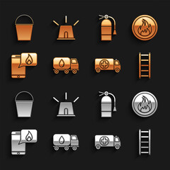 Set Water delivery truck, Fire flame, escape, Ambulance and emergency car, Phone with call 911, extinguisher, bucket and Flasher siren icon. Vector