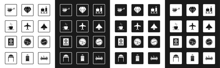 Set Airport conveyor belt with suitcase, Plane, Coffee cup, Helicopter, Jet fighter, Parachute, Compass and Passport icon. Vector