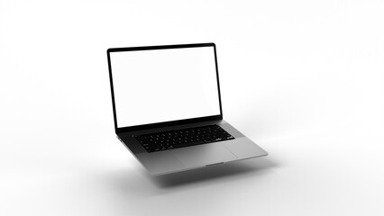 Modern, aluminum laptop hovering with shadow. Transparent display for content replacement. Possible use cases: commercials, mockups, app show cases, advertising