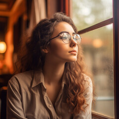 Portrait of a beautiful young woman in glasses looking out the window. Beautiful young woman in glasses staring out the window. A lovely girl in glasses