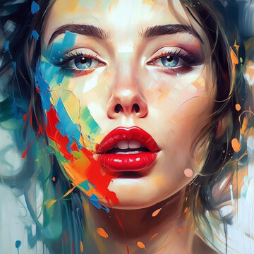 Art Portrait of beautiful woman with red lips and colorful paint splashes.  Portrait of attractive girl with creative make-up. Digital painting. Illustration of a beautiful girl with oil paints