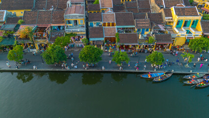Fototapeta na wymiar Aerial drone view of Hoi An city, Vietnam. Ancient town, UNESCO world heritage, at Quang Nam province. One of the most popular touristic destinations