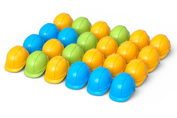 Set of safety helmets or hard caps for carpentry work in row on white background