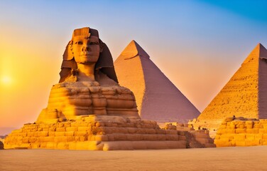 The Great Sphinx of Giza and the Pyramid of Khafreat sunset, Egypt (Generative AI) - obrazy, fototapety, plakaty