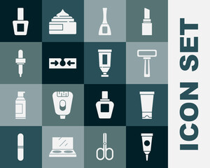 Set Cream or lotion cosmetic tube, Shaving razor, Nail polish bottle, Acne, Pipette, and icon. Vector