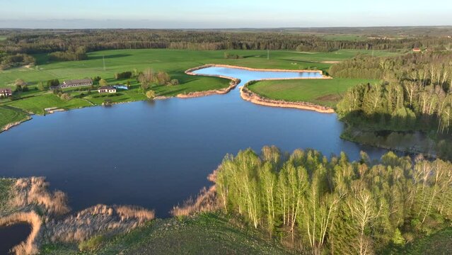 Aerial view of small lake in Warmia, northern Poland, Europe