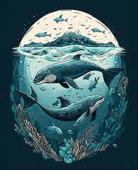Whale and underwater fish illustration for World Oceans Day. Nautical animals on blue background. Generative AI
