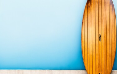 Wooden surfboard near beige wall, closeup (Generative AI) - obrazy, fototapety, plakaty