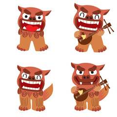 ポップなシーサーのイラストセット　三線演奏　夏とリゾートと沖縄県のイメージ