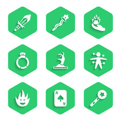 Set Zombie hand, Playing cards, Magic wand, Voodoo doll, Fire flame, stone ring with gem, Hand holding fire and Medieval sword icon. Vector