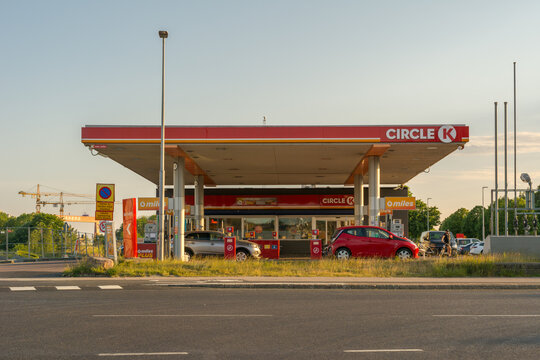 Gothenburg, Sweden - June 13, 2020: Swedish Circle K gas station at sunset in Eriksberg on Hisingen, Gothenburg.
