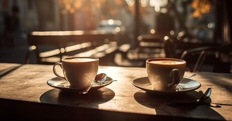Two cups of coffee on restaurant terrace with afternoon sunlight