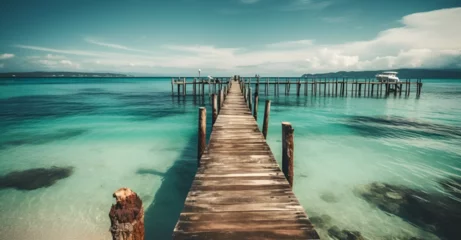 Fotobehang Pier in tropical turquoise clear water, beach travel destination © StockSavant