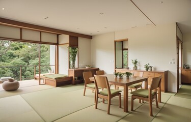 Fototapeta na wymiar A Tropical Japanese Dining Room in a Villa Interior generative ai