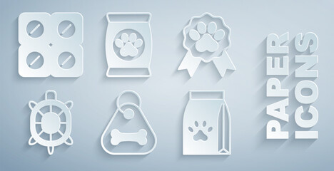 Set Dog collar with bone, Pet award symbol, Turtle, Bag of food for pet, and pill icon. Vector