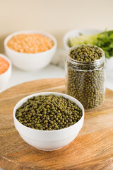 Raw mash beans in a bowl. Vegetarianism, vegetable protein. Healthy eating.