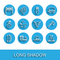 Set line Bow and arrow in quiver, Retro train, Saloon door, Western cowboy hat, Indian teepee wigwam, Desert landscape with cactus, Tomahawk axe and Buffalo skull icon. Vector