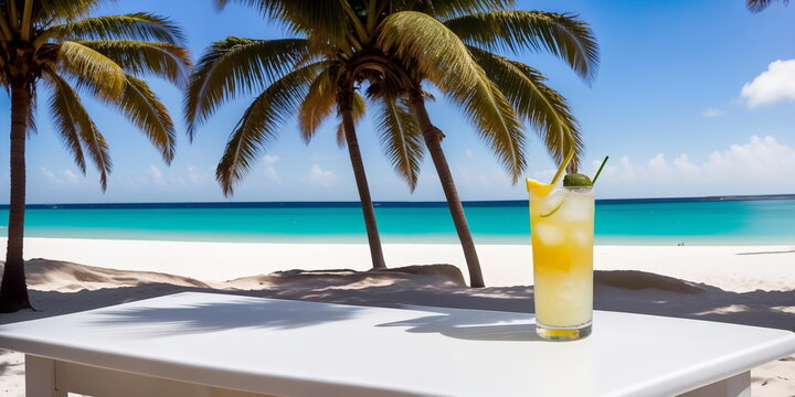 A yellow cocktail in a glass on a white table against the background of a sea beach on a bright sunny day under palm trees. Copy space for advertising text. Generative AI.