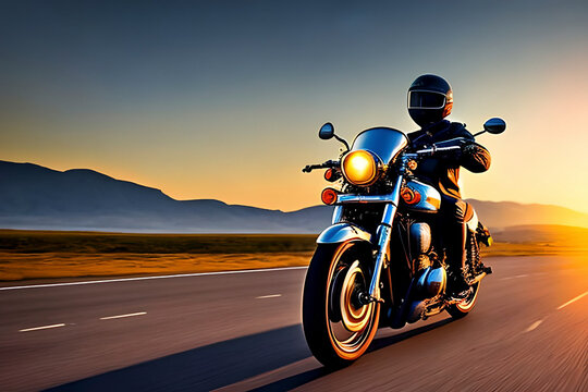 Generative AI image of motorcycle rider riding alone on an empty road in the desert. Motorcycle is a popular mode of transportation © hmzphotostory