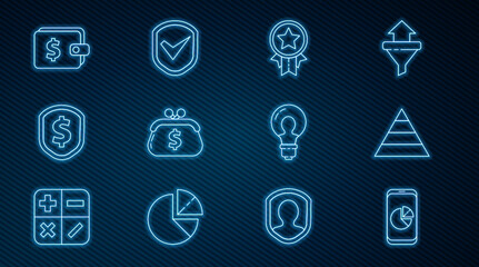Set line Mobile phone with graph chart, Pyramid infographics, Medal star, Wallet dollar, Shield, Light bulb concept of idea and check mark icon. Vector