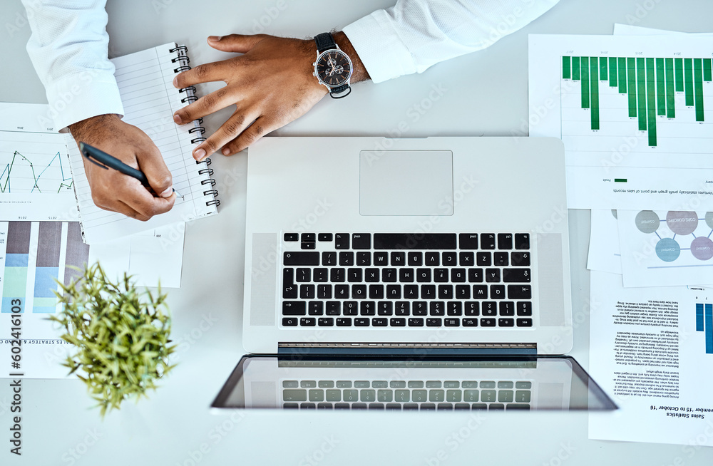 Poster business man, laptop and notebook for writing, documents analysis or data analytics, web growth and 